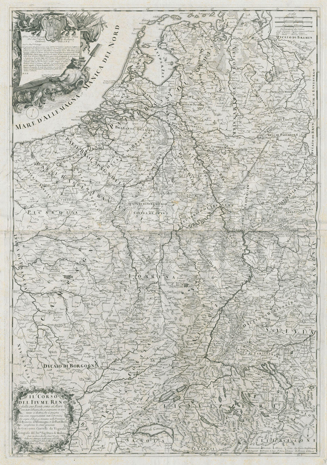 Il Corso del Fiume Reno… The course of the river Rhine. ROSSI /CANTELLI 1689 map